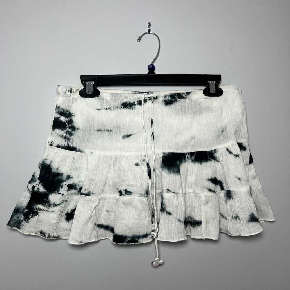 Walt Disney World Tie Dye Tiered Mini Skirt Black White Mickey Drawstring Cotton - Picture 2 of 7